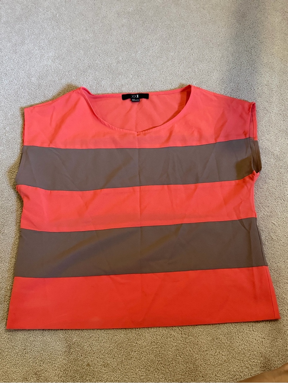 Forever 21 Coral and Taupe Wide-Stripe Short Sleeve Top